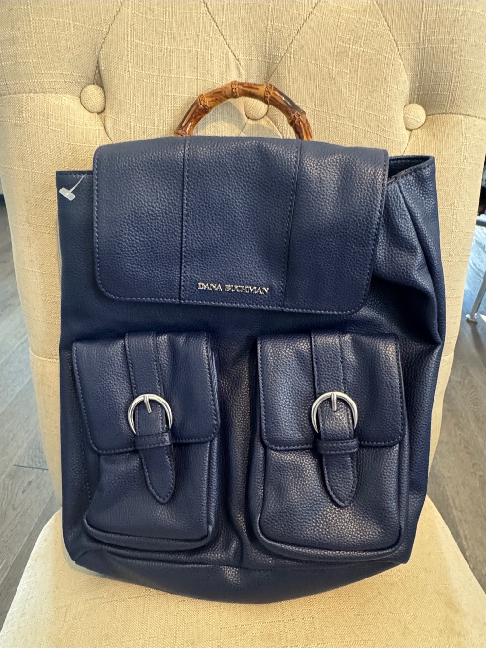 Dana Buchman Navy Leather Backpack with Bamboo Top Handle